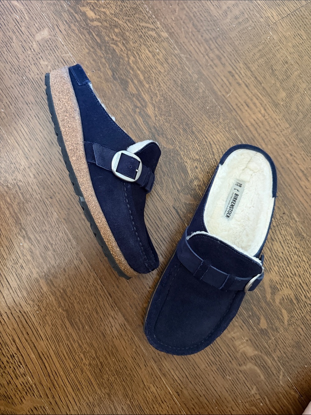 Birkenstock women’s Navy Suede Shearling-Lined Slip On Loafers 38 US 7